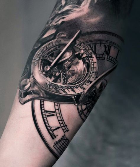 Sundial Clock Tattoo For Men Biomech Tattoo, Steampunk Tattoo, Compass Tattoo Design, Clock Tattoo Design, Map Tattoos, Tattoo Trend, Cool Arm Tattoos, Watch Tattoos, Clock Tattoo