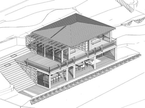 Houses On Slopes, Stone House Plans, Beach Houses Architecture, Slope House, Hillside House, Sims 4 House Design, Home Design Floor Plans, Architecture Model House, Home Building Design