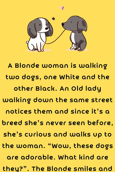 A Blonde woman is walking two dogs, one White and the other Black. An Old lady walking down the same street notices them and since it’s a breed she’s never seen before,… Dogs Black And White, Lady Walking, Lady Dog, Joke Book, Dogs Black, Old Lady Humor, Women Jokes, Funny Relationship Jokes, Crazy Dog Lady