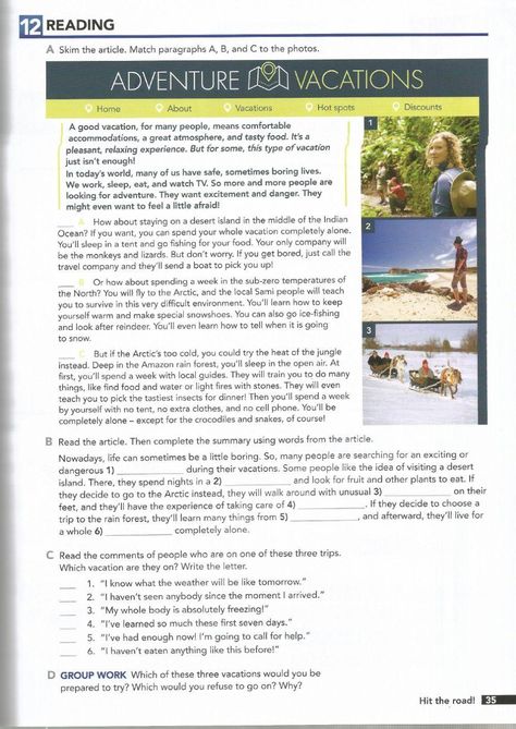 Reading - Adventure Vacations Reading Comprehension For Adults, Reading Text For Intermediate, Esl Reading Comprehension Intermediate, Reading Comprehension Grade 8, Grade 7 Reading Comprehension Worksheets, Reading And Comprehension Worksheets, Adventure Worksheet, English Reading Comprehension, English Reading Skills