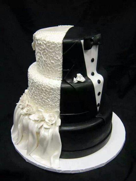 Wedding Gown/Tuxedo Cake but with a hat on top? Torte Creative, Unusual Wedding Cakes, Black And White Wedding Cake, Creative Wedding Cakes, Groom Wedding Cakes, Torte Cupcake, Wedding Dress Cake, White Wedding Cakes, Unique Wedding Cakes