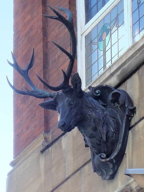 "Deer Head" (1889) by an unknown sculptor on 7 & 8 West Smithfield (opposite Smithfield Market), London EC4 Smithfield Market, Stags Head, Deer Heads, The Barbican, Skull Crafts, Animal Guides, Stag Head, Western Furniture, West Art