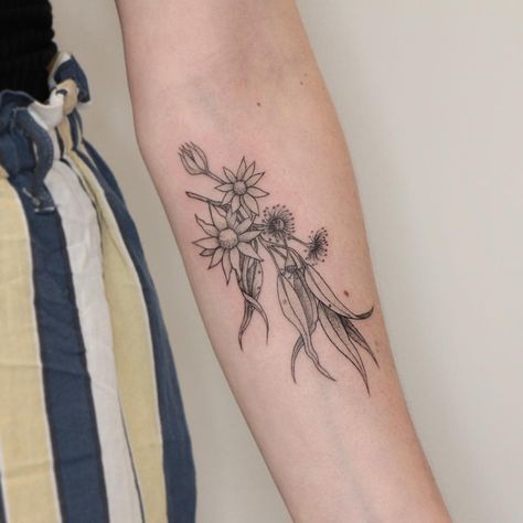 Flannel flowers and eucalyptus for Chloe’s first tattoo! 🌿 Thank you for the trust! Bookings 📩shop@torasumi.com.au . . . . #tattoo… Friend Tats, Floral Arm Tattoo, Tattoos Floral, Australia Tattoo, Peony Flower Tattoos, Botanical Tattoos, Faith Tattoo On Wrist, Inner Arm Tattoos, Dragon Tattoo Back Piece