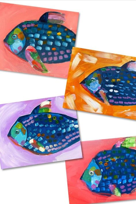 This is a fun summer art idea for kids! We used every color possible to mix even MORE colors! This art project was all about chunky brushstrokes, layering colors, and having fun mixing paint. Visit the link to see more of thse fabulous fish! Art Books For Kids, Art Classroom Management, Kids Painting Crafts, Kindergarten Art Projects, 6th Grade Art, 4th Grade Art, 3rd Grade Art, Time Painting, Elementary Art Projects