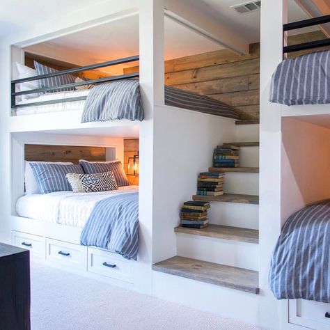 Built-in bunk beds are a fun way for the kids to have fun sharing a space. Who remembers these from season 4? #fixerupper #season5iscoming Bunk Room Ideas, Bunk Bed Safety, Triple Bunk Beds, Dormitory Room, Modern Bunk Beds, Diy Bunk Bed, Loft Wall, Bunk Beds Built In, Built In Bunks