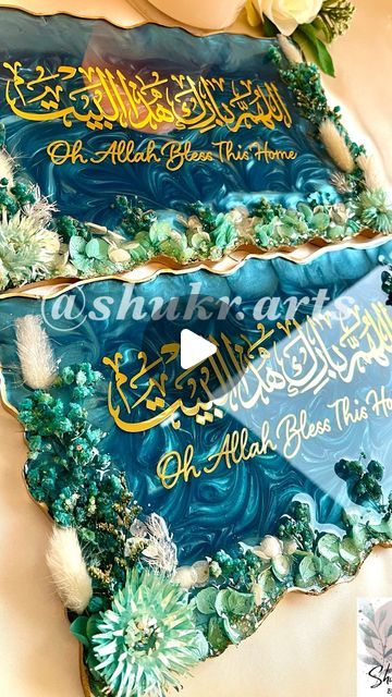 Shukr Arts by Subia khan on Instagram: "Thankyou for the immense love I received for my Turquoise Blue Plaque House Dua Reel . It went viral and received 4.5 Million views and still going on Mashallah 😍😍.This piece is $75+ $10 shipping within US. I received messages from you all in thousands.. unable to reply everyone. I can only take limited orders and prefer from US . If you want to book your orders first Ramadan gifts , kindly do it now , as already going fully booked .For international shipping kindly visit my Etsy store , link in bio. These plaques can be made with Ayatul Kursi also and in different colors as well. This time i used Art and Craft Resin by @magicresinofficial . Calligraphy Stickers by @touchesofsu . #epoxy#islamicart#islamicgiftideas #islamiccalligraphy#ramadangifts# Calligraphy Stickers, First Ramadan, How To Do Calligraphy, Abstract Resin Art, Craft Resin, Calligraphy Set, Small Wall Hangings, Fully Booked, Ayatul Kursi