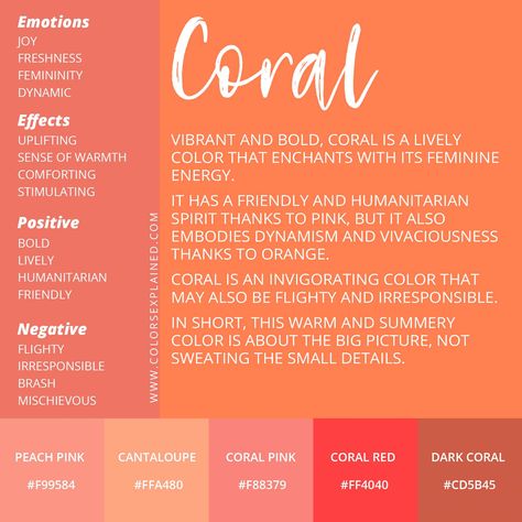 Meaning of the Color Coral: Symbolism, Common Uses, & More (2022) Peach Colour Meaning, Wedding Color Meanings, Coral Branding Palette, Coral Color Pallete, Coral Quotes, Coral Branding, Coral Meaning, Vibrant Academia, Coral Aesthetic