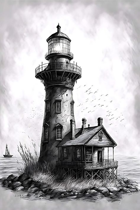 Drawings Of Lighthouses, Light House Sketch, Lighthouse Pencil Drawing, Landscape Drawings Pencil, Creepy Lighthouse Tattoo, Light House Sketches Pencil, Lighthouse Drawings, Lighthouse Landscape Drawing, Lighthouse Ink Drawing