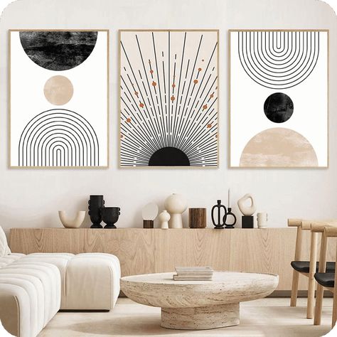 [Promotion] This wall art set is perfect for adding a modern, minimalist look to your mid-century modern living room decor. The neutral beige color palette and geometric shapes will bring a stylish touch to any room. The three pieces also come with hanging hardware, making them easy to install in any room. #midcenturymodernlivingroomdecor Mid Century Modern Art Work, Modern Mid Century Living Room Decor, Boho Modern Bedroom Ideas, Black And Neutral Living Room Apartment, Boho Living Room Painting, Boho Behind Couch Decor, Simple Modern Apartment Decor, Sage Cream Black Living Room, Photo And Art Gallery Wall