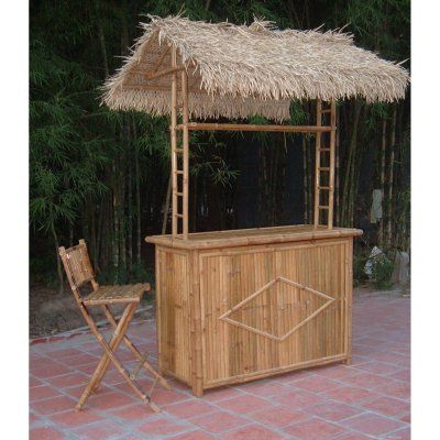 Bamboo54 3 pc. Thatch Roof Tiki Bar with 2 Folding Chairs | Hayneedle Outdoor Tiki Bar, Thatch Roof, Bar Table Set, Bamboo Bar, Bamboo Construction, Hawaii Party, Bar Table Sets, Backyard Bar, Tiki Hut