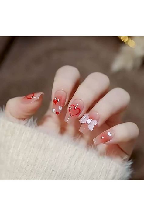 Valentines Day Press On Nails,Mid-Length Square Shape Acrylic Nails Red Hearts with Glitter Bow Exquisite Designs False Nails Decorations Kit for Women 24 Pcs Unghie Nail Art, Glitter Rosa, Nagel Tips, Fake Nails With Glue, Really Cute Nails, Pretty Gel Nails, Ballerina Nails, Diy Nail Art, Kawaii Nails