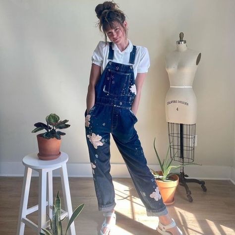 Embroider Overalls, Thrifted Overalls, Overalls Embroidered, Hand Painted Denim, Denim Jumper Dress, Embroidery Dresses, Earth Pigments, Overalls Outfit, Designer Maxi Dress