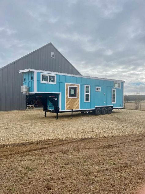 Cerulean Tiny House w/ Bunkroom & Gooseneck Master Tiny House Gooseneck, Tiny Home Floorplan, Luxury Tiny House, Gooseneck Tiny House, Shower Sliding Glass Door, Custom Backsplash, Tiny House Talk, Bus Living, Tiny House Builders