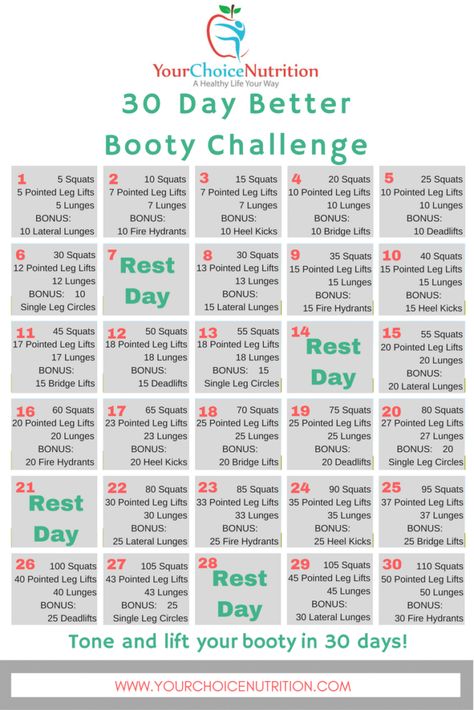 Tone and lift your booty in just 30 days! Join us for the 30 Day Better Booty Challenge | www.yourchoicenutrition.com Crunches Workout, Nutrition Month, 5k Training, Month Workout, Speed Up Metabolism, Sport Nutrition, Squat Challenge, 30 Day Fitness, Push Up Challenge