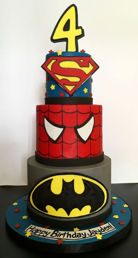 3 tier superhero birthday cake with batman logo spriderman and superman Batman Birthday Cakes, Superman Cakes, Bar Cake, Tiered Cakes Birthday, Superhero Birthday Cake, Batman Spiderman, Superhero Cake, Batman Birthday, Spiderman Cake