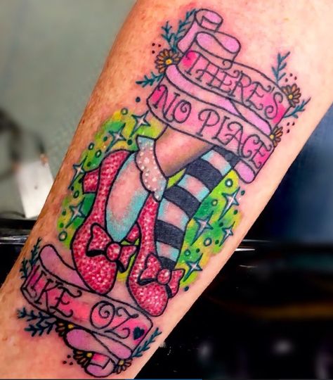 Dorothy tattoo Dorothy Tattoo, Wizard Of Oz Tattoo, Forearm Name Tattoos, Oz Tattoo, Wizard Of Oz Collectibles, Awesome Tattoo, Ink Inspiration, Ruby Slippers, Name Tattoos