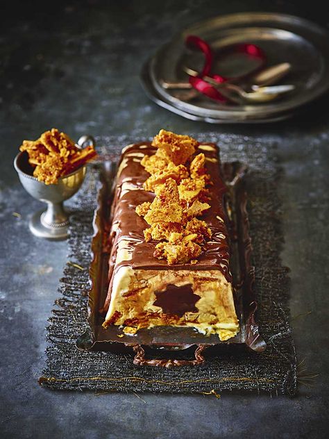 Honeycomb and chocolate ice cream terrine www.ianwallacephotographer.com www.afoodstylistsblog.com Terrine Recipe, Christmas Ice Cream, Frozen Yoghurt, Travel Magazine, Frozen Cake, Chocolate Ice, Food And Travel, Ice Cream Desserts, Sweet Delights