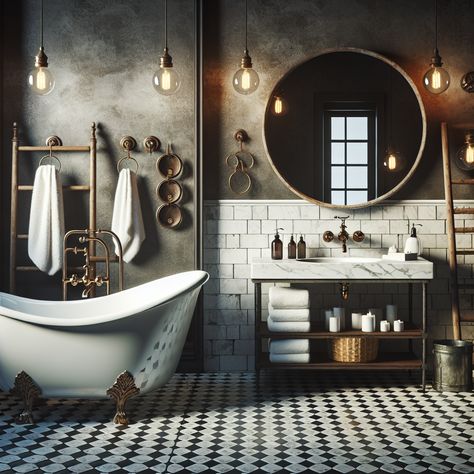 Picture a gleaming white, clawfoot tub resting on a black and white hexagonal tile floor. Imagine that a large, circular mirror with a worn wooden frame hangs over a marble-topped vanity, where a brass faucet gleams under the soft glow of an Edison bulb light fixture. Consider that a purely decorative reclaimed ladder leans against one wall, used for hanging plush towels. Additionally, antique hooks and shelving units provide room for the essential bathroom articles. Copper Clawfoot Tub Bathroom, Vintage Chic Bathroom, Bar Bathroom Ideas, Bathroom With Clawfoot Tub, Clawfoot Tub Bathroom, Claw Tubs, Open Basement, Vintage Style Bathroom, Bathroom Big