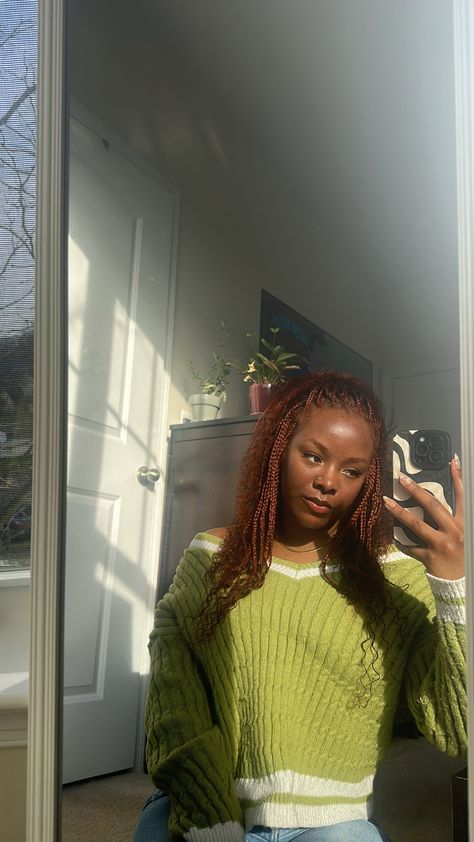 black girl in green sweater with ginger red box braids with curly human hair ends and ginger curly clip ins Ginger Boho Braids, Ginger Braids, Curly Clip Ins, Boho Braids, Clip Ins, Ginger, Braids, Hairstyles, Hair Styles