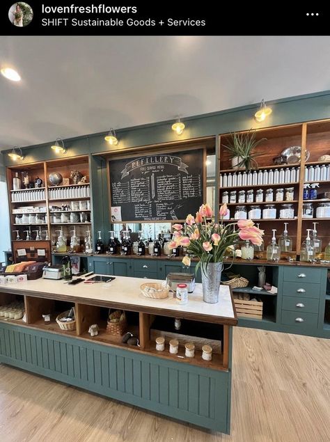 Retail And Coffee Shop, Farmhouse Coffee Shop Ideas, Business Store Ideas, Farmhouse Cafe Design, Health Store Design, Store Front Decorating Ideas, Coffee Boutique Shop, Farm To Table Cafe, Rustic Store Design