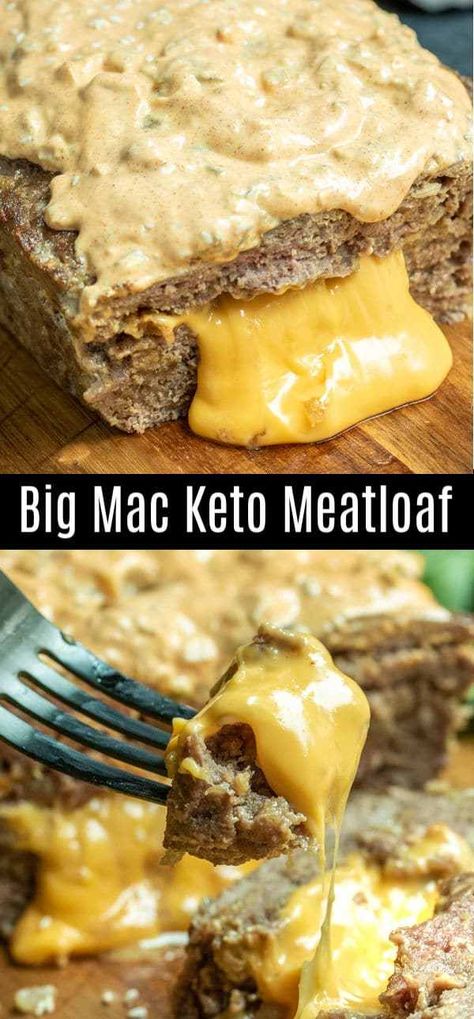 This delicious Big Mac Keto Meatloaf is made with pork rinds and ground beef, stuffed with cheese, and topped with Big Mac sauce for the best low carb meatloaf recipe EVER. This keto meatloaf is easy to make and deliciously cheesy. It's a great keto dinner recipe for the keto diet. #keto #lowcarb #ketodiet #lowcarbrecipes #meatloaf #cheese #bigmac #homemadeinterest Big Mac Keto, Keto Meatloaf, Low Carb Meatloaf, Big Mac Sauce, Mac Sauce, Diner Recept, Resep Diet, Keto Recipes Dinner, Pork Rinds