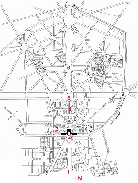 Plan of Versailles, France, begun 1661, by Le Nôtre and Le Vau, 1-Town, 2-Palace, 3-Orangery, 4-Gardens, 5-Bassin of Apollon, 6-Grand canal, 7- Grand Trianon. Versailles consists of a central axis with a series of cross axes which creates the framework for the layout of the highly organized palace and garden. The palace creates one of the cross axes off of the central axis. Palace Of Versailles Drawing, Versailles Garden Plan, Palace Of Versailles Floor Plan, France Palace Of Versailles, Alexander Vlahos Versailles, Inside Versailles Palace, Smart Farm, Portal Design, Versailles Garden