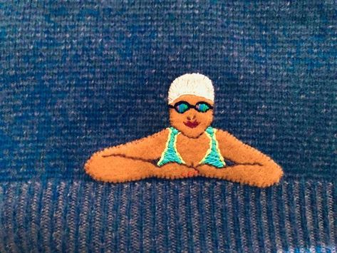 TessaTheDresser on Instagram: "This is a felt portrait of my very intrepid and courageous sister-in-law who trained and trained throughout the summer to swim the Channel and raised nearly £8,000 for @the.alexa.trust When she found a stain on her cashmere jumper there was only one way to go…..mermaid As a dedicated #coldwaterswimming #lido loving lady she hides her tail well whilst wandering around the Heath Do you know a swimming mad mermaid or merman who would love something like this on a Men Embroidery, Wooly Hats, Visible Mending, Vintage Denim Jeans, Cashmere Jumper, Way To Go, Sister In Law, Mad Men, Modern Man