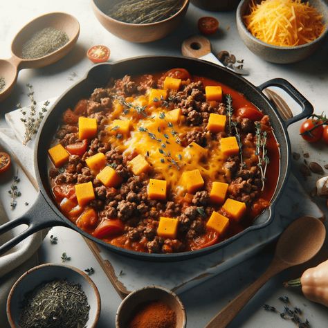 Hearty Ground Beef Butternut Squash Recipe Skillet for Thanksgiving - Blend of Bites Hamburger Butternut Squash Recipes, Butternut Squash And Ground Beef Recipes, Ground Beef And Butternut Squash, Butternut Squash And Ground Beef, Ground Turkey Butternut Squash, Beef Butternut Squash, Butternut Squash Skillet, Honeynut Squash, Butternut Squash Recipe