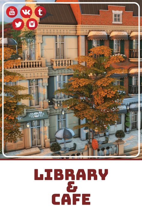 Britechester Sims 4, Sims 4 Library Build, Sims 4 Cafe Build, Sims 4 Library, Sims Apartment, Sims4 Houses, San Sequoia, Sims Lots, Library Cafe