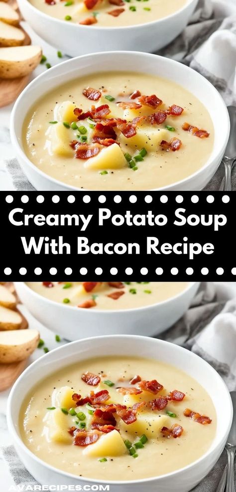 Looking for a comforting meal? This Creamy Potato Soup With Bacon is the ultimate cozy dish. Rich in flavor and easy to prepare, it’s perfect for family dinners or chilly nights. Creamy Potato Soup With Bacon, Creamy Potato Bacon Soup, Potato Soup With Bacon, Creamy Potato Soup Recipe, Bacon Soup Recipes, Soup With Bacon, Potato Bacon Soup, Potato Soup Easy, Bacon Potato