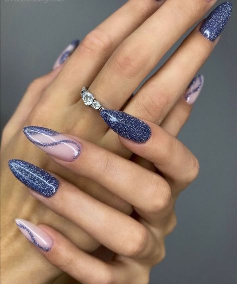 Prom Blue Nails, Blue Glitter Nail Designs, Silver And Blue Nails, Blue And Silver Nail Designs, Blue Silver Nails, Blue And Silver Nails, Silver Nail Designs, Emerald Nails, Blue Glitter Nails