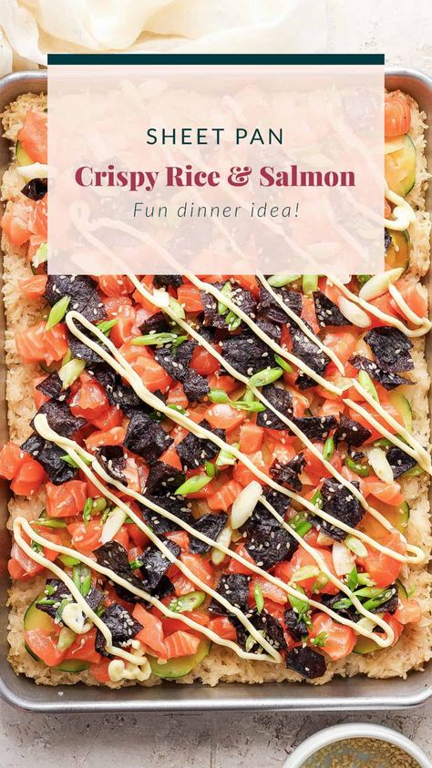 We make crispy rice in the oven and then top with with delicious sushi-grade salmon, a nori salad, and more veggies. It is a delicious dish that you must make! Nori Salad, Baked Sushi Rice Recipe Salmon, Salmon Bake Sushi, Crispy Rice Smoked Salmon, Keto Salmon Sushi Bake, Crab And Salmon Sushi Bake, Rice And Salmon, Sushi Ginger, Rice In The Oven