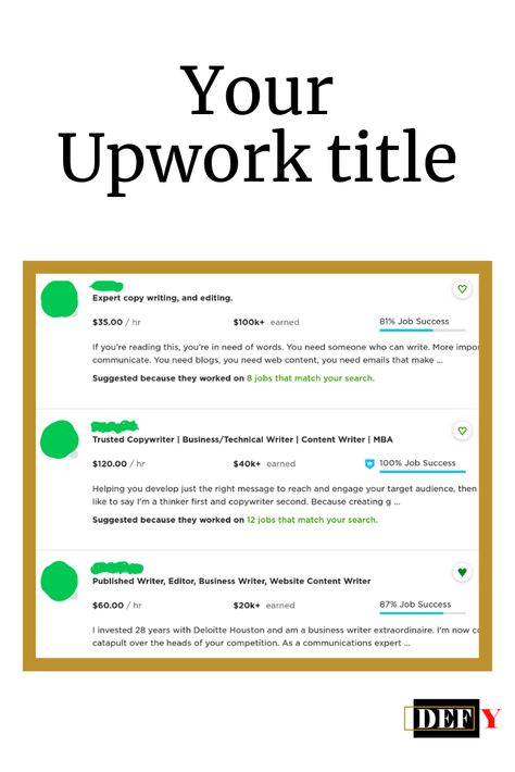 Do you know what clients see first when browsing through a list of freelancers on Upwork?  Your title. (and your photo, but that’s something for a future post)  They read your title first, so it must make a good impression. It has to make them want to click to see the rest of your profile!  Think about your ideal client - what problems do they want to solve? Mention how you can help them in your title - that’s the best way to capture their attention.  #upwork #freelancer #freelancetips Upwork Profile Photo, What Is Freelancing, How To Create A Linked In Profile, Top Freelance Skills, Upwork Tips, Freelance Grant Writing, Cloud Architect, How To Become A Freelance Writer, Upwork Profile