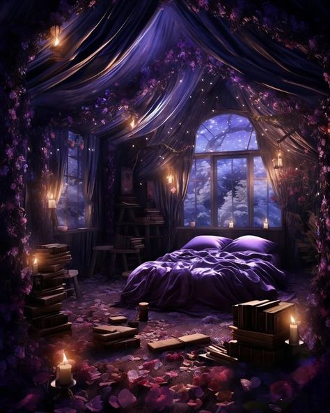 Fantasy___Journey (@fantasymidjourney) | Instagram Witchy Rooms, Purple Bedroom Ideas, Gothic Decor Bedroom, Castle Bedroom, Dream Bedroom Inspiration, Fantasy Bedroom, Purple Bedrooms, Fantasy Rooms, Purple Bedroom