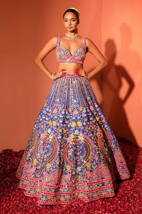 Shop for these amazing collections of Blue Dupion Silk Embroidered Mirror Floral Bridal Lehenga Set For Women by Rajbinder Chahal online at Aza Fashions. Floral Bridal Lehenga, Mehandi Bridal, Grey Lehenga, Designer Bridal Lehenga Choli, Sangeet Outfit, Wedding Lehenga Designs, Henna Night, Indian Bride Outfits, Designer Bridal Lehenga