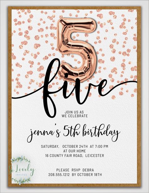 "This listing is a digital 5th Birthday invitation. It's adorned with rose gold glitter, a rose gold balloon 5 and modern script fonts. It's perfect for your child's birthday.  The invite is editable by you, in your browser by going to the Corjl website.  **PLEASE NOTE: THE AGE/NUMBER CANNOT BE EDITED. PLEASE PURCHASE THE AGE YOU NEED.** You will not need to download any fonts or templates. Just edit and download right away! PLEASE DEMO this template before purchasing!  Please check it out befor 5th Birthday Invitation, 2nd Birthday Party Themes, Rose Gold Balloons, Boy Birthday Invitations, Gold Balloons, Invitation Card Design, Birthday Invite, 2nd Birthday Parties, Script Fonts