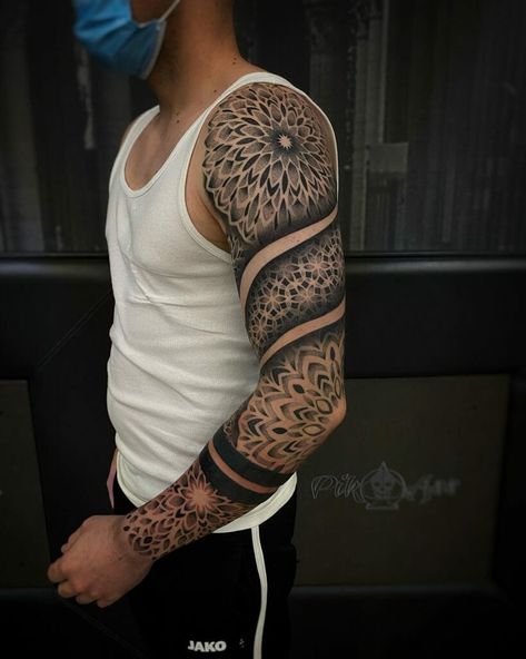 Womens Mandala Sleeve Tattoo Mandala Sleeve Stencil, Dot Work Sleeve Tattoo, Mandala Sleeve Tattoo Design, Mandala Full Sleeve Tattoo, Mandala Arm Sleeve, Dotwork Pattern Tattoo, Paisley Tattoo Sleeve, Mens Forearm Sleeve, Mandala Tattoo Mann