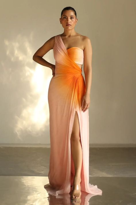 Orange Silk Wrinkle Chiffon One Shoulder Gown Ombre Gown, Drape Gowns, Set Saree, Saree Gown, Orange Baby, One Shoulder Gown, Gowns Online, Indian Fashion Designers, Draped Dress