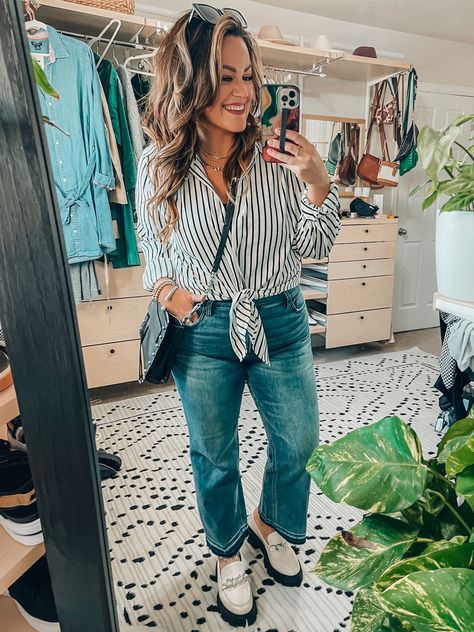 Shop Tunic Pleated Shoulder Striped … and other curated products on LTK, the easiest way to shop everything from your favorite creators. Mid Size Fashion, Midsize Fashion, Chunky Loafers, Studded Bag, Make It Work, Tunic Blouse, Lug Sole, Work Outfits, Straight Leg Jeans