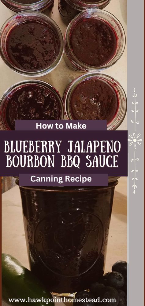 This recipe for blueberry jalapeno bourbon BBQ sauce recipe for canning is a delicious and wonderful twist on traditional BBQ sauce. The blueberries give it a sweet flavor and combined with tangy flavor of the peppers make it a taste out of this world. Plus adding the bourbon gives it a smooth delicious flavor that pairs perfectly with grilled meats like ribs, chicken and pork. This sweet BBQ sauce with its little bit of heat has an interesting flavor that can be made more spicy or less spicy. Bbq Sauce For Canning, Boozy Sweets, Cold Cellar, Bourbon Bbq Sauce Recipe, Bourbon Bbq Sauce, Food Canning, Sweet Bbq Sauce, Barbeque Recipes, Canning Ideas