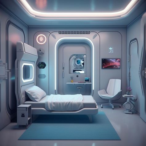 Capsule Bedroom, Spaceship Interior Bedrooms, Futuristic Bedroom Design, Futuristic Bedroom Ideas, Futuristic Hospital, Sci Fi Room, Futuristic Room, Futuristic Bedroom, Futuristic Interior Design