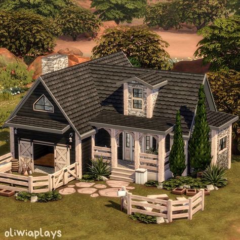 Sims 4 Small Farm, Modern Farmhouse Sims 4, Sims Farmhouse, Sims 4 Ranch, Sims 4 Farm, Sims 4 Farmhouse, Sims House Ideas, Sims 4 Horse Ranch, Sims 4 Builds