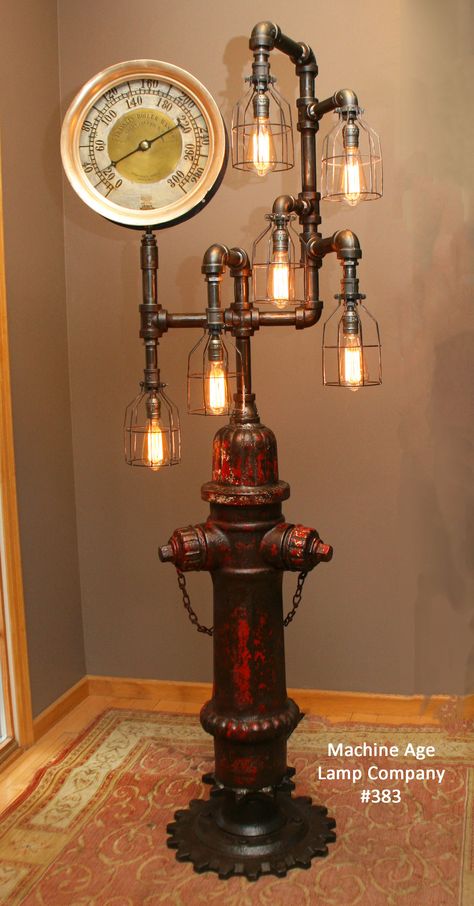 Industrial 1923 Antique ST Paul Fire Hydrant Floor Lamp, with Steam Gauge - #383 - SOLD Steampunk Light Fixtures, Steampunk Lamp Diy, Industrial Decorating, Décor Steampunk, Steampunk Light, Industrial Bathroom Decor, Lampe Steampunk, Steampunk Lamps, Steampunk Home Decor