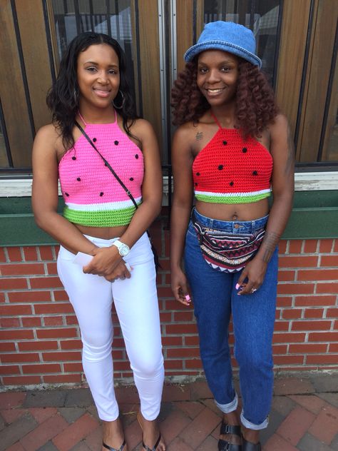 Watermelon Crop Tops. Watermelon Crochet Top, Crochet Swimsuits Pattern, Birthday Crochet, Crochet Fits, Watermelon Crochet, Crochet Watermelon, Watermelon Festival, Yarn Creations, Dress Tops