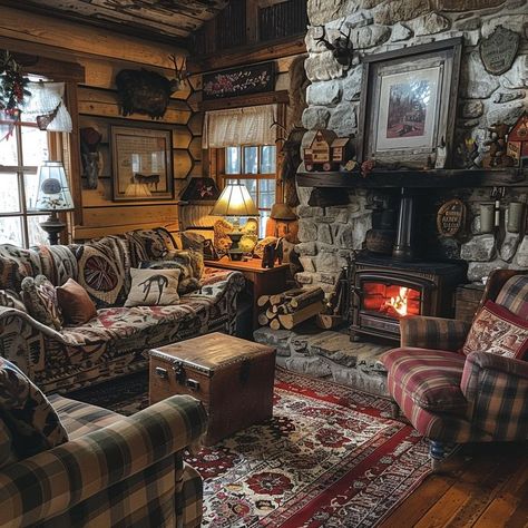 Cozy cabin interior with lit fireplace, rustic decor, wood-paneled walls, stone accents, plush sofas, and vintage accents. Appalachian Cabin Interior, Small Cabin Fireplace, Cozy Cabin House, Appalachian Cabin, Cabin Style Living Room, Cozy Cabin Interior, Cozy Mountain Home, Log Cabin Mansions, Cabin Mansion