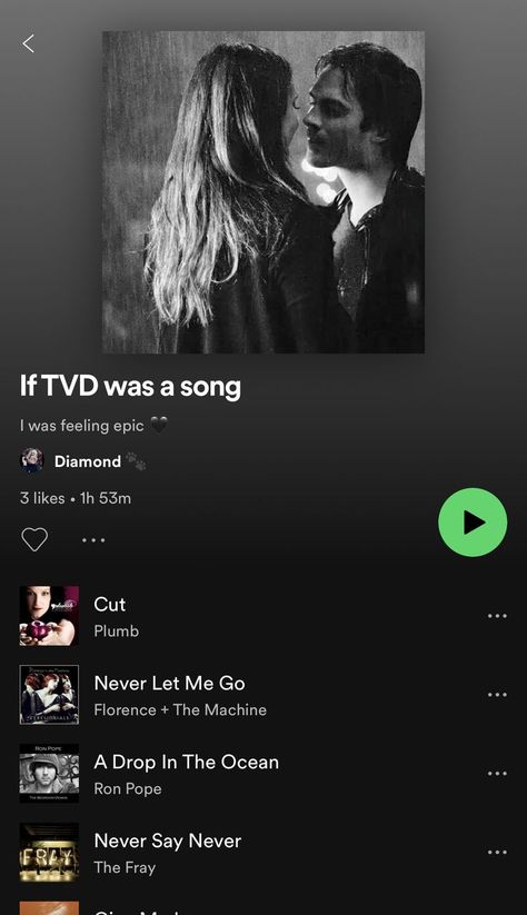 Tvd Spotify Cover, A Drop In The Ocean Tvd, Tvd Playlist, Vampire Diaries Playlist, Ron Pope, A Drop In The Ocean, Oceans Song, Never Let Me Go, The Fray