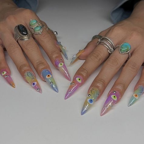 Long Nails Pointy, Nail Design Long Nails, Design Long Nails, Nails Evil Eye, Nail Design Long, Nails Pink Blue, Nails Pointy, Pointy Nail Designs, Airy Fairy