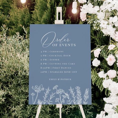 $57.45 | Order of Events Wedding Periwinkle Wildflower Sign #elegant chic garden wedding sign, order of events wedding sign, periwinkle blue wildflowers, floral flower garden wedding sign, wildflowers wedding theme, cornflower dusty blue, wedding schedule sign, wedding reception timeline sign, classy script calligraphy, foam board easel sign Wedding Periwinkle, Wedding Schedule Sign, Order Of Events Wedding Sign, Wildflower Sign, Flower Garden Wedding, Order Of Events Wedding, Order Of Events Sign, Periwinkle Wedding, Unique Wedding Ceremony Ideas