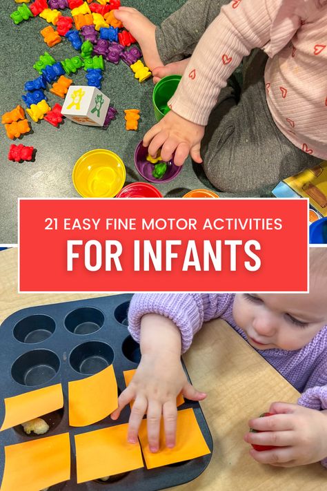 Tiny hands, big adventures! Explore the world of fine motor skills with these engaging activities perfect for your little one. A child's fine motor skills at this age are just beginning, so the main goal is to strengthen the small muscles of the hands and fingers. Babies are also working on hand-eye coordination and concentration during these fine motor activities. #FineMotorFun #LittleHands Hand Sensory Activities, Fine Motor Skills For 16 Month Old, Fine Motor Activities Infants, Fine Motor Activities One Year Old, Fun Activities For Infants, Fine Motor Skills For Infants, Fine Motor Skills Activities Infants, Gross Motor Skills For Infants, Activities For 1-2 Year Kids At Daycare