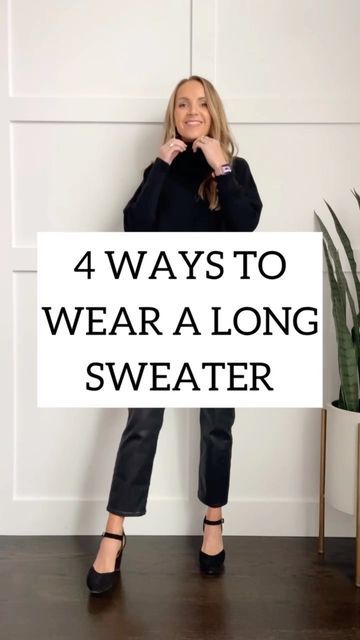 How To Style A Tunic Sweater, Long Turtleneck Sweater Outfit, Black Tunic Sweater Outfit, Styling Long Sweaters, How To Wear Long Sweaters, How To Style Long Sweaters, How To Style A Long Sweater, Gray Turtleneck Sweater Outfit, Long Black Sweater Outfit